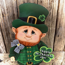 Load image into Gallery viewer, St. Patrick's Day Decoration, cute Leprechaun with Shamrock, wooden leprechaun, Shamrock decoration, Irish Shelf sitter, green Shamrock sign