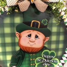 Load image into Gallery viewer, St. Patrick's Day Decoration, Leprechaun door hanger, Shamrock door Hanger, Wood leprechaun with Shamrock sign, St. Patrick's Wreath, Irish