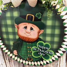 Load image into Gallery viewer, St. Patrick's Day Decoration, Leprechaun door hanger, Shamrock door Hanger, Wood leprechaun with Shamrock sign, St. Patrick's Wreath, Irish