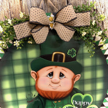 Load image into Gallery viewer, St. Patrick's Day Decoration, Leprechaun door hanger, Shamrock door Hanger, Wood leprechaun with Shamrock sign, St. Patrick's Wreath, Irish