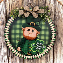 Load image into Gallery viewer, St. Patrick's Day Decoration, Leprechaun door hanger, Shamrock door Hanger, Wood leprechaun with Shamrock sign, St. Patrick's Wreath, Irish