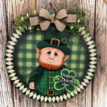 Load image into Gallery viewer, St. Patrick's Day Decoration, Leprechaun door hanger, Shamrock door Hanger, Wood leprechaun with Shamrock sign, St. Patrick's Wreath, Irish