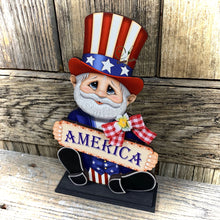 Load image into Gallery viewer, Uncle Sam, Patriotic decoration, Summer Arrangement, Primitive wooden Uncle Sam with stand, Americana, Fourth of July bow, Summer Flag decor
