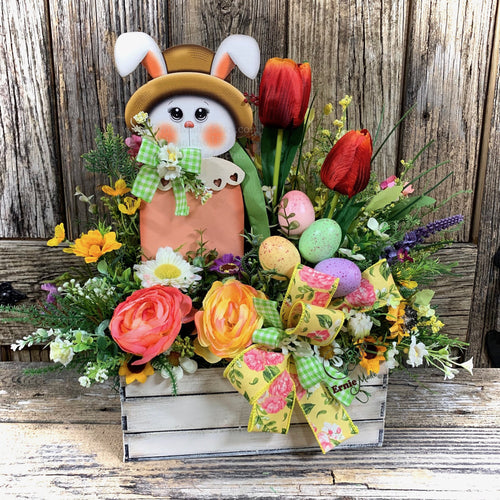 Easter floral arrangement, Farmhouse Bunny centerpiece, Primitive wood bunny, Tulips and Bunny decor, Spring Pink Easter floral decor, gift