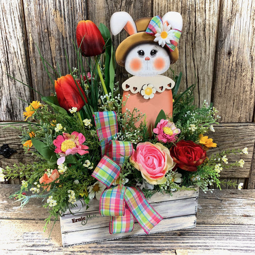 Easter floral arrangement, Farmhouse Bunny centerpiece, Primitive wood bunny, Tulips and Bunny decor, Spring Pink Easter floral decor, gift