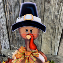 Load image into Gallery viewer, Thanksgiving centerpiece, Turkey decoration, table, mantle, shelf, porch fall decor, Wooden Pilgrim Turkey, Autumn floral table arrangement
