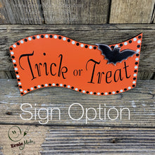 Load image into Gallery viewer, Halloween decoration, fall decor, entry way witch, cute wooden sitting Witch with Jack-o-lantern, trick or treat sign, Happy Halloween sign
