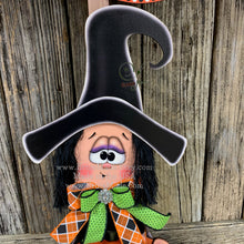 Load image into Gallery viewer, Halloween decoration, fall decor, entry way witch, cute wooden sitting Witch with Jack-o-lantern, trick or treat sign, Happy Halloween sign
