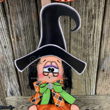 Load image into Gallery viewer, Halloween decoration, fall decor, entry way witch, cute wooden sitting Witch with Jack-o-lantern, trick or treat sign, Happy Halloween sign
