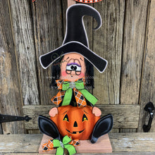 Load image into Gallery viewer, Halloween decoration, fall decor, entry way witch, cute wooden sitting Witch with Jack-o-lantern, trick or treat sign, Happy Halloween sign
