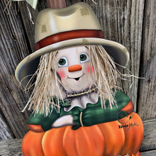 Load image into Gallery viewer, Fall Scarecrow decoration, Pumpkin and Scarecrow porch decor, Autumn Pumpkin arrangement for entry way, Halloween, Farmhouse, Thanksgiving
