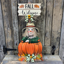 Load image into Gallery viewer, Fall Scarecrow decoration, Pumpkin and Scarecrow porch decor, Autumn Pumpkin arrangement for entry way, Halloween, Farmhouse, Thanksgiving
