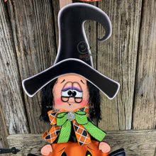Load image into Gallery viewer, Halloween decoration, fall decor, entry way witch, cute wooden sitting Witch with Jack-o-lantern, trick or treat sign, Happy Halloween sign
