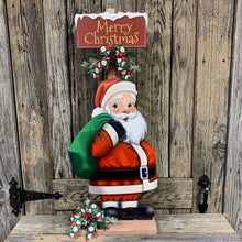 Load image into Gallery viewer, Santa Clause Decoration, Christmas centerpiece, Primitive Santa decor, Christmas Porch decor, Wooden Santa with North pole sign, Candy decor
