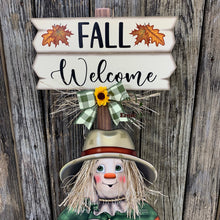 Load image into Gallery viewer, Fall Scarecrow decoration, Pumpkin and Scarecrow porch decor, Autumn Pumpkin arrangement for entry way, Halloween, Farmhouse, Thanksgiving
