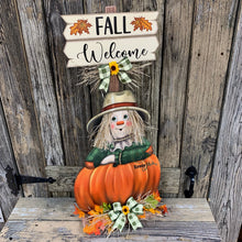Load image into Gallery viewer, Scarecrow, fall wood decor, Thanksgiving porch decor, Primitive wood Scarecrow with pumpkin, Fall sign, Halloween, Pumpkin centerpiece
