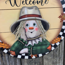 Load image into Gallery viewer, Fall decoration, Autumn leaves, fall door hanger, Thanksgiving decor, Farmhouse scarecrow with hat, Fall porch door sign, Scarecrow wreath

