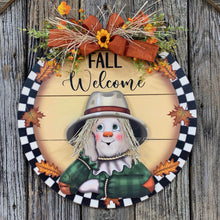 Load image into Gallery viewer, Fall Front door hanger, Farmhouse Fall decor, Wood round Fall sign, Housewarming gift, Wood Scarecrow decor, Scarecrow wreath, Thanksgiving
