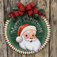 Load image into Gallery viewer, Front door hanger for Christmas, Christmas Farmhouse door decor, Wood round Christmas sign, Christmas gift, Wood Santa decor, Santa wreath
