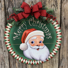 Load image into Gallery viewer, Front door hanger for Christmas, Christmas Farmhouse door decor, Wood round Christmas sign, Christmas gift, Wood Santa decor, Santa wreath
