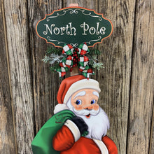 Load image into Gallery viewer, Santa Clause Decoration, Christmas centerpiece, Primitive Santa decor, Christmas Porch decor, Wooden Santa with North pole sign, Candy decor
