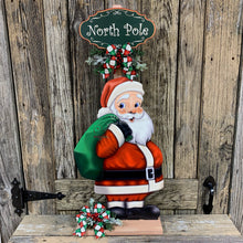 Load image into Gallery viewer, Santa Clause Decoration, Christmas centerpiece, Primitive Santa decor, Christmas Porch decor, Wooden Santa with North pole sign, Candy decor
