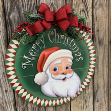 Load image into Gallery viewer, Front door hanger for Christmas, Christmas Farmhouse door decor, Wood round Christmas sign, Christmas gift, Wood Santa decor, Santa wreath
