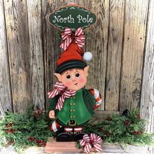Load image into Gallery viewer, Elf Decoration for Christmas, Vintage Christmas North Pole sign, Farmhouse Christmas, large wood elf with sign, Gingerbread decor Candy cane
