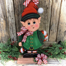 Load image into Gallery viewer, Elf Decoration for Christmas, Vintage Christmas North Pole sign, Farmhouse Christmas, large wood elf with sign, Gingerbread decor Candy cane
