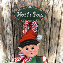 Load image into Gallery viewer, Elf Decoration for Christmas, Vintage Christmas North Pole sign, Farmhouse Christmas, large wood elf with sign, Gingerbread decor Candy cane
