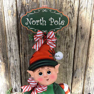 Elf Decoration for Christmas, Vintage Christmas North Pole sign, Farmhouse Christmas, large wood elf with sign, Gingerbread decor Candy cane