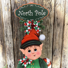 Load image into Gallery viewer, Elf Decoration for Christmas, Vintage Christmas North Pole sign, Farmhouse Christmas, large wood elf with sign, Gingerbread decor Candy cane
