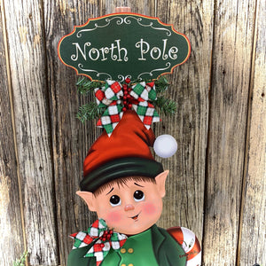 Elf Decoration for Christmas, Vintage Christmas North Pole sign, Farmhouse Christmas, large wood elf with sign, Gingerbread decor Candy cane
