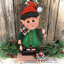 Load image into Gallery viewer, Elf Decoration for Christmas, Vintage Christmas North Pole sign, Farmhouse Christmas, large wood elf with sign, Gingerbread decor Candy cane
