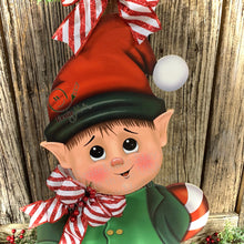 Load image into Gallery viewer, Elf Decoration for Christmas, Vintage Christmas North Pole sign, Farmhouse Christmas, large wood elf with sign, Gingerbread decor Candy cane
