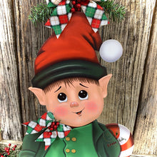 Load image into Gallery viewer, Elf Decoration for Christmas, Vintage Christmas North Pole sign, Farmhouse Christmas, large wood elf with sign, Gingerbread decor Candy cane
