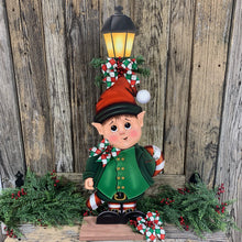 Load image into Gallery viewer, Elf Decoration for Christmas, Vintage Christmas North Pole sign, Farmhouse Christmas, large wood elf with sign, Gingerbread decor Candy cane
