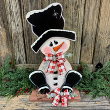Load image into Gallery viewer, Snowman decoration, Snowman centerpiece, Winter decoration, Snowman decor, Snowman, Ernie Made snowman, Snowman shelf sitter, Wooden snowman
