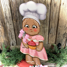 Load image into Gallery viewer, Pink Gingerbread Decoration, Pastel Pink Christmas Gingerbread decoration, Kitchen baking decor, pink Gingerbread and cupcake decorations
