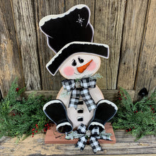 Load image into Gallery viewer, Snowman decoration, Snowman centerpiece, Winter decoration, Snowman decor, Snowman, Ernie Made snowman, Snowman shelf sitter, Wooden snowman

