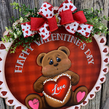 Load image into Gallery viewer, Valentine decoration, Front door hanger for Valentine’s Day, Farmhouse Valentine Bear love sign, gift for her, Teddy Bear with heart hanger
