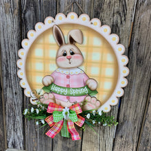 Load image into Gallery viewer, Spring Bunny Wreath, Front door hanger for Easter, Spring Farmhouse door decor, Wooden round door hanger, Vintage bunny sign, Bunny decor,
