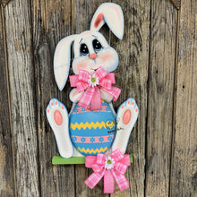 Load image into Gallery viewer, Spring Bunny Wreath, Front door hanger for Easter, Spring Farmhouse Easter decor, bunny with floppy ears, Wooden door hanger, Bunny decor,
