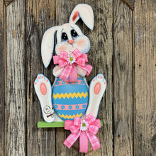 Load image into Gallery viewer, Spring Bunny Wreath, Front door hanger for Easter, Spring Farmhouse Easter decor, bunny with floppy ears, Wooden door hanger, Bunny decor,
