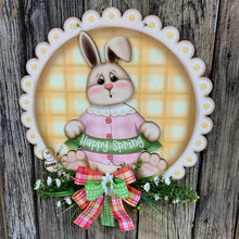 Load image into Gallery viewer, Spring Bunny Wreath, Front door hanger for Easter, Spring Farmhouse door decor, Wooden round door hanger, Vintage bunny sign, Bunny decor,
