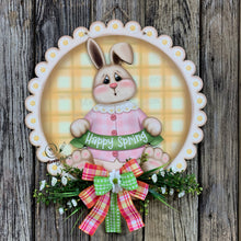 Load image into Gallery viewer, Spring Bunny Wreath, Front door hanger for Easter, Spring Farmhouse door decor, Wooden round door hanger, Vintage bunny sign, Bunny decor,
