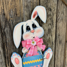 Load image into Gallery viewer, Spring Bunny Wreath, Front door hanger for Easter, Spring Farmhouse Easter decor, bunny with floppy ears, Wooden door hanger, Bunny decor,
