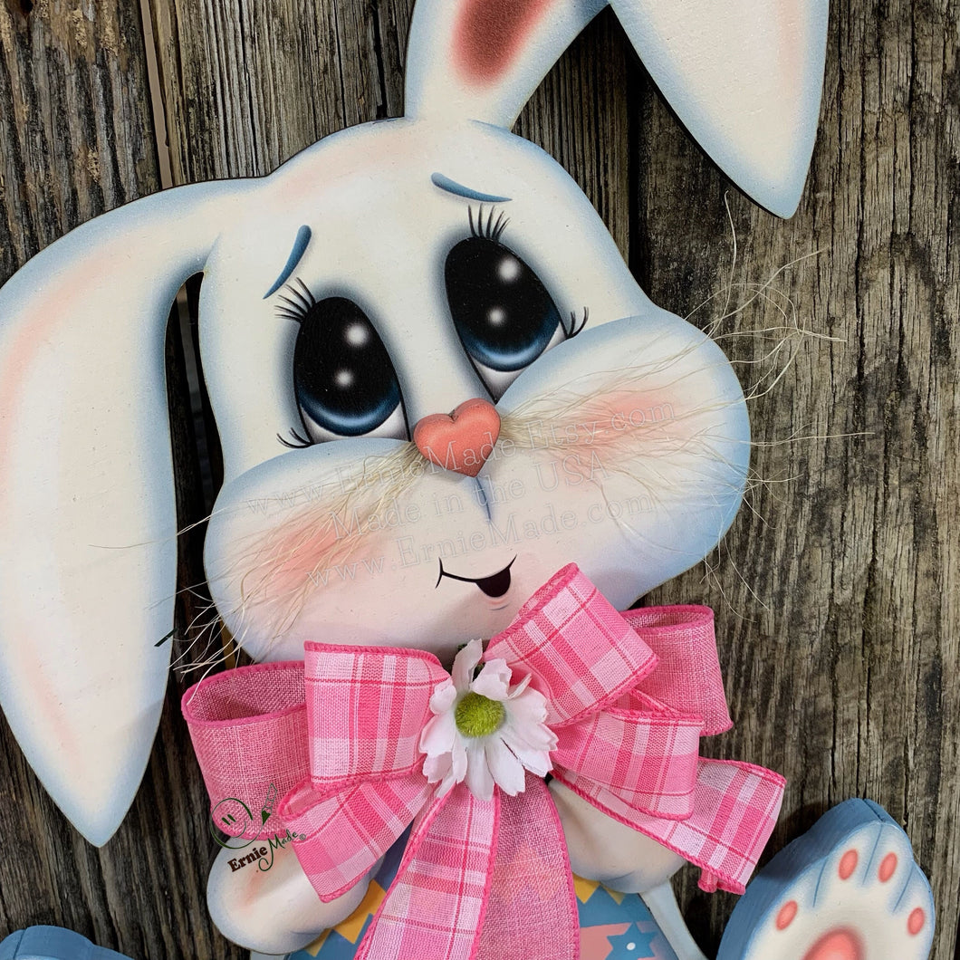 Spring Bunny Wreath, Front door hanger for Easter, Spring Farmhouse Easter decor, bunny with floppy ears, Wooden door hanger, Bunny decor,