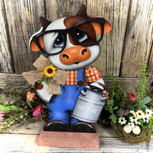 Load image into Gallery viewer, Farmhouse centerpiece, Cow decoration, Primitive Wooden Cow shelf sitter, Country style cow decoration, Bovine decor, Chicken decoration
