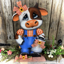Load image into Gallery viewer, Farmhouse centerpiece, Cow decoration, Primitive Wooden Cow shelf sitter, Country style cow decoration, Bovine decor, Chicken decoration

